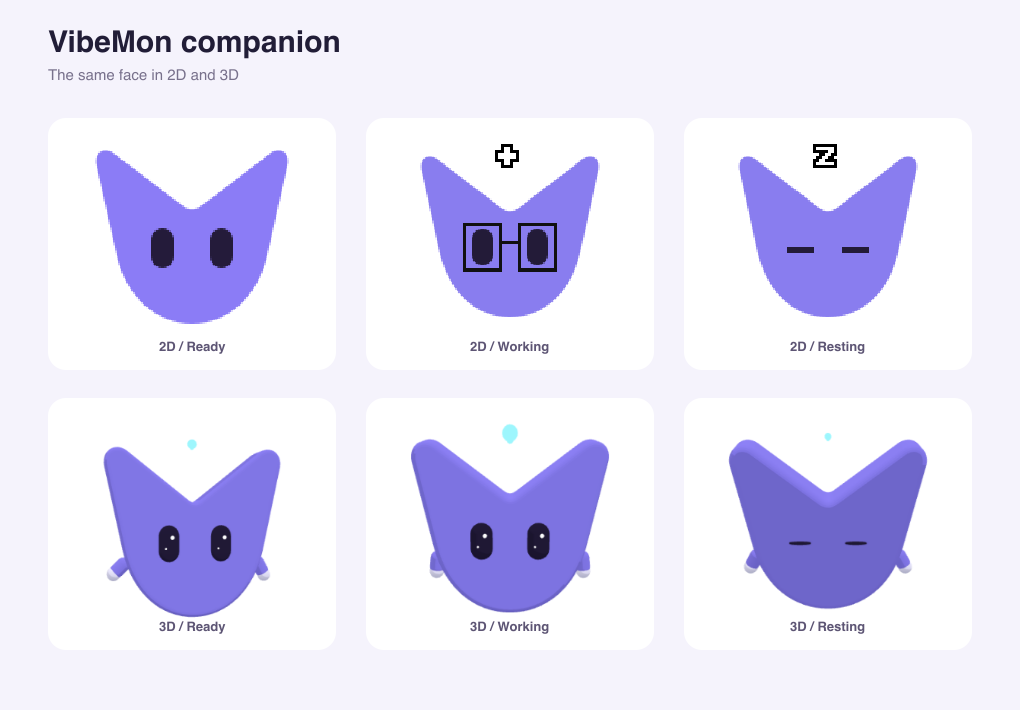 VibeMon ready, working, and resting in 2D and 3D